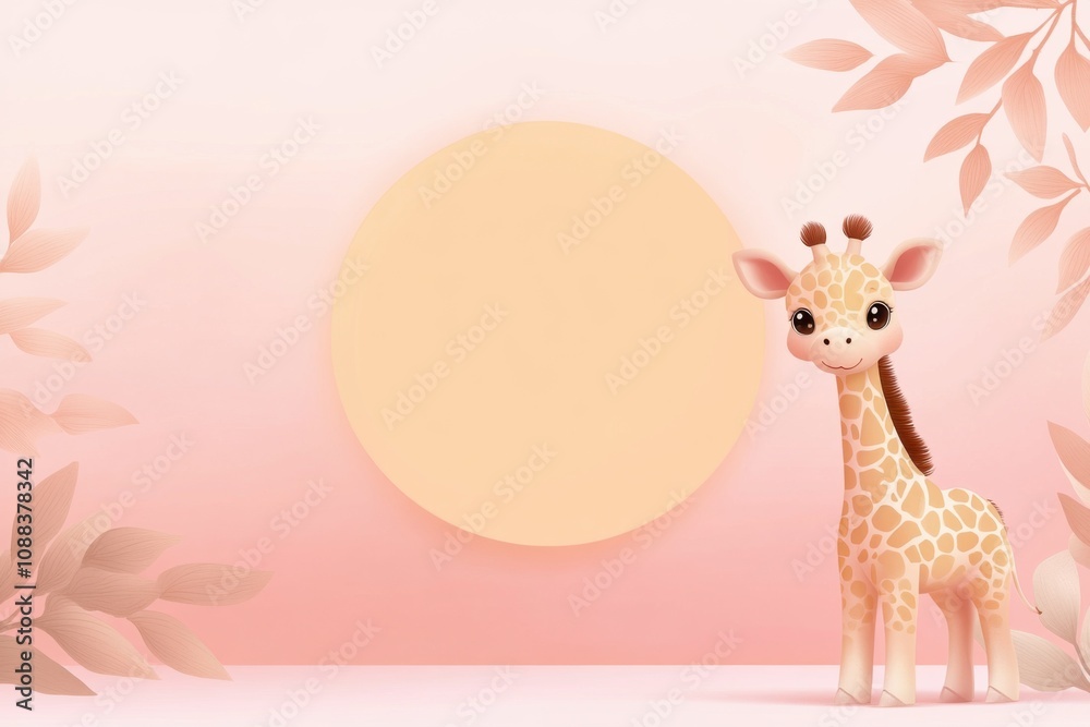 Obraz premium Cute giraffe character playful nursery digital art soft pink background child-friendly joyful concept