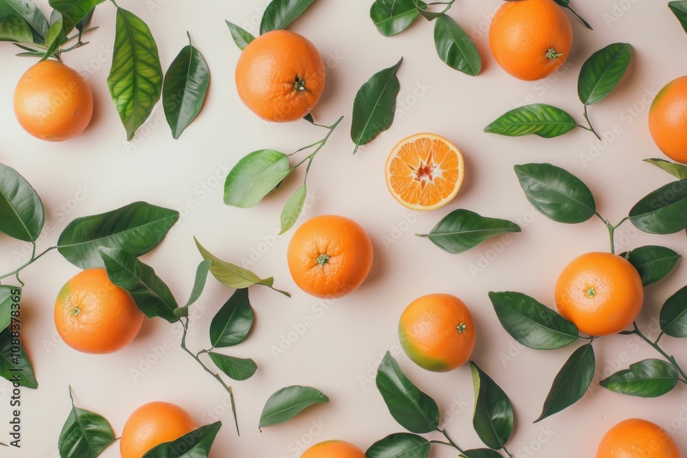 Oranges arranged with green leaves on a light beige background, showcasing fresh fruit and nature elements, perfect for food and health related concepts Oranges arranged with green leaves on a light beige background, showcasing fresh fruit and nature elements, perfect for food and health related concepts