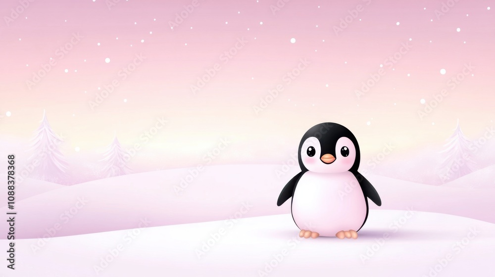 Obraz premium Playful penguin in a snowy winter landscape digital art serene environment cute concept for kids