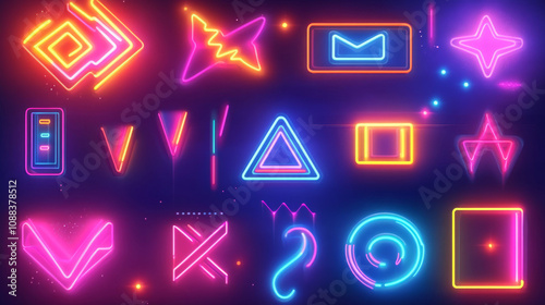 A set of colorful, glowing neon signs. Bright and eye-catching, perfect for banners or signs.