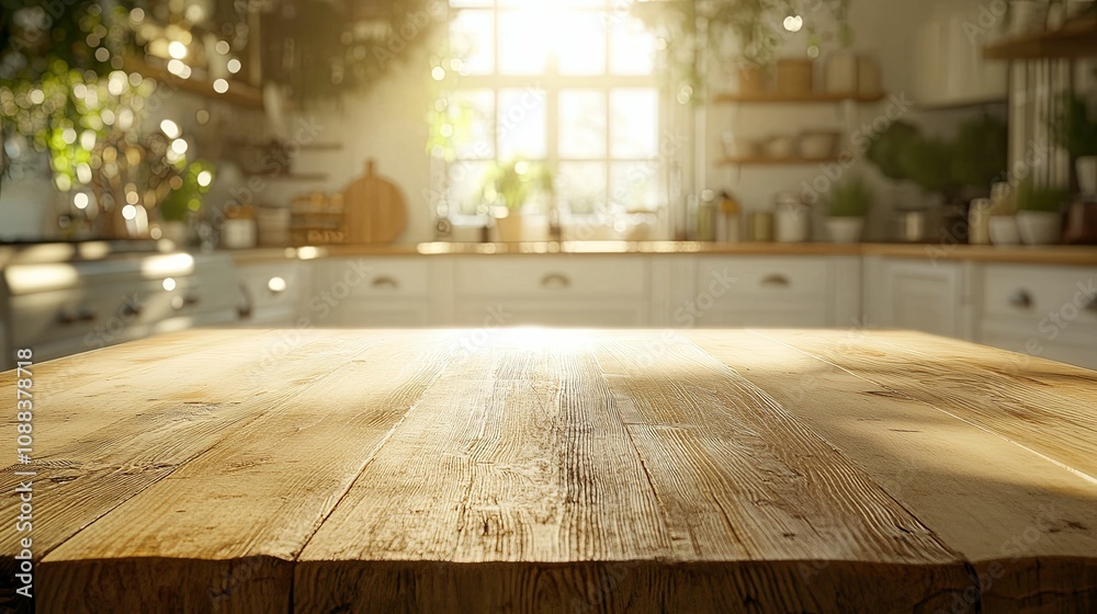 Sunlit Wooden Tabletop in a Bright Kitchen Sunlit Wooden Tabletop in a Bright Kitchen