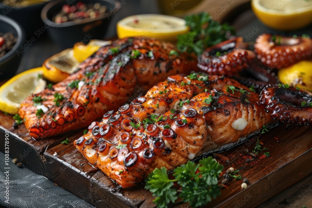 Grilled salmon and octopus garnished with herbs and lemon, served on a wooden board, creating a vibrant seafood dish. Grilled salmon and octopus garnished with herbs and lemon, served on a wooden board, creating a vibrant seafood dish.