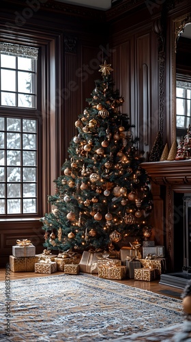 Elegant Christmas tree decorated with gold ornaments in a cozy living room setting.