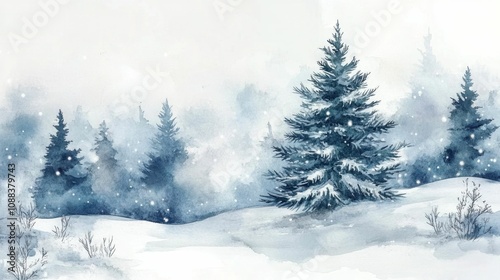 Snowy winter landscape, tall pine tree, soft blue and white tones, tranquil atmosphere, falling snowflakes, serene forest backdrop, peaceful nature scene, winter beauty, snowy hills, artistic waterco