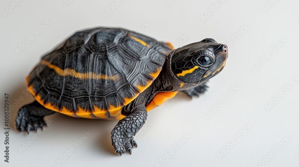 Fototapeta premium Little turtle crawling forward slowly on white background