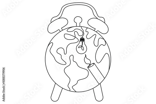 continuous one line drawing of earth hour isolate globe map simple vector icon