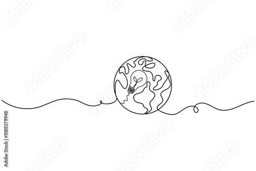 continuous one line drawing of earth hour isolate globe map simple vector icon