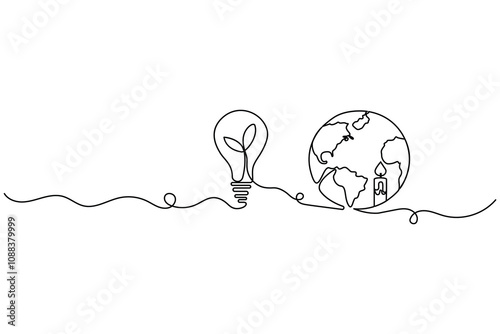 continuous one line drawing of earth hour isolate globe map simple vector icon