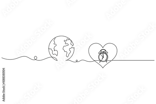 continuous one line drawing of earth hour isolate globe map simple vector icon