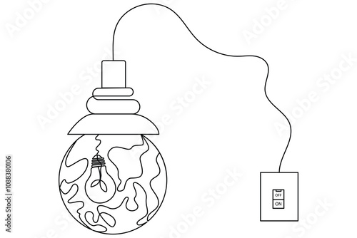 continuous one line drawing of earth hour isolate globe map simple vector icon