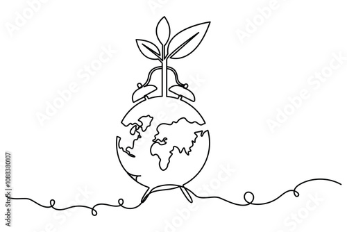 continuous one line drawing of earth hour isolate globe map simple vector icon
