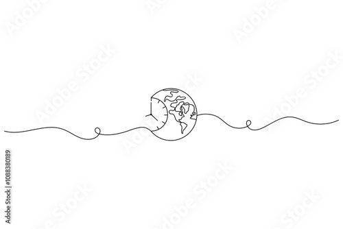 continuous one line drawing of earth hour isolate globe map simple vector icon