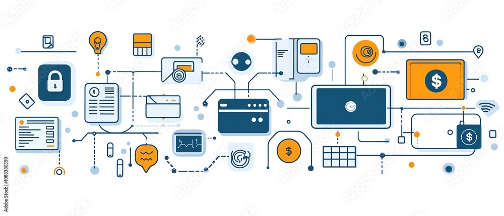 Innovative fintech vector art showcasing interconnected digital payment systems, blockchain icons, and modern banking solutions