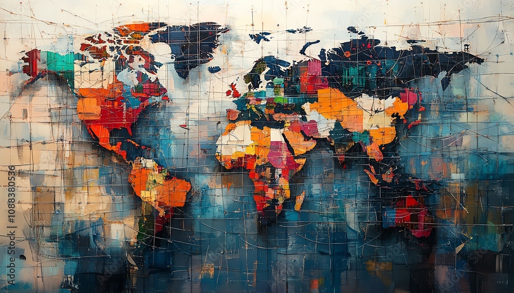Fototapeta premium International trade conceptual art, featuring a complex web of global value chains linking manufacturers, suppliers, and distributors, illustrating crossborder commerce