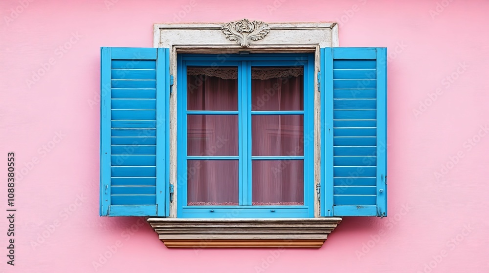 Blue Window with Shutters on a Pink Wall Blue Window with Shutters on a Pink Wall