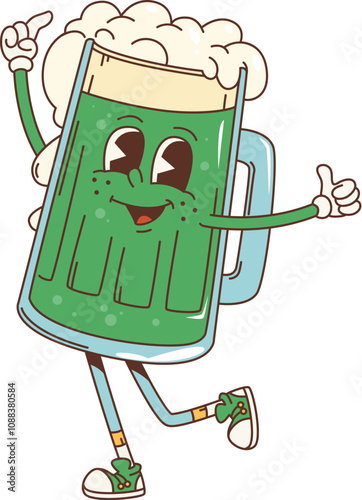 Cartoon retro groovy green beer character for Saint Patrick Day holiday, vector personage. Funny groovy Irish green ale mug with happy face and thumb up in 70s hippie art for St Patrick Day holiday