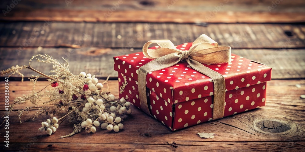 Fototapeta premium Vintage Style Photography of a Red and White Polka Dot Gift Box with White Bow, Perfect for Celebrations, Birthdays, and Special Occasions