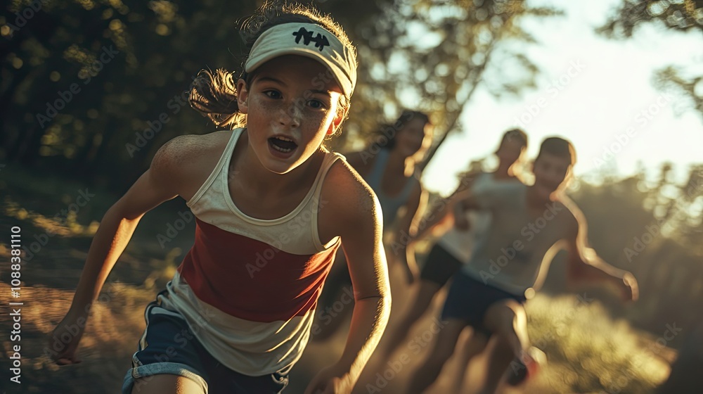 Fototapeta premium Young Girl Running with a Determined Expression in a Forest Setting