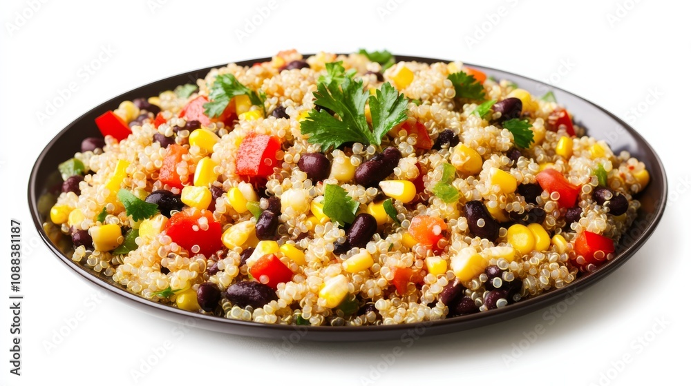 A colorful plate of quinoa salad with black beans, corn, red bell peppers A colorful plate of quinoa salad with black beans, corn, red bell peppers
