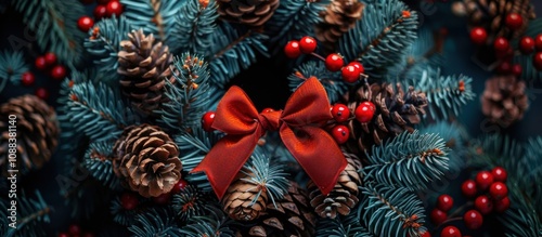 Close-up of a Christmas wreath decorated with pine cones, red berries, and a red bow.