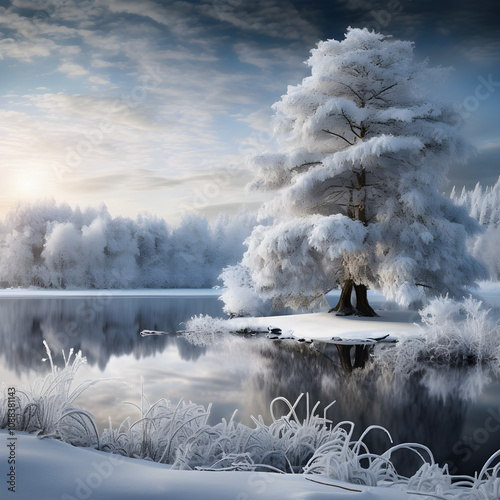 A snowy landscape with a tree in the foreground and a moon in the background.