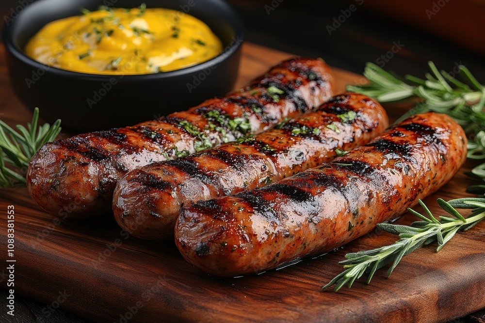 Grilled sausages served with herbs and mustard on a rustic wooden table Grilled sausages served with herbs and mustard on a rustic wooden table