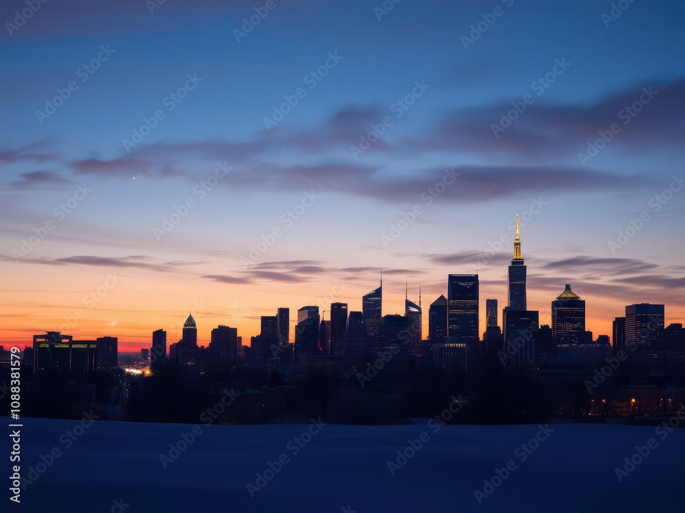 Snow-covered city skyline silhouette at dusk with Christmas lights and fireworks in the sky, Neujahr, Schnee Snow-covered city skyline silhouette at dusk with Christmas lights and fireworks in the sky, Neujahr, Schnee