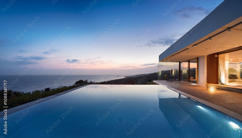 Fototapeta premium Sunset Serenity: Luxury Oceanview Mansion with Infinity Pool and Spectacular Views