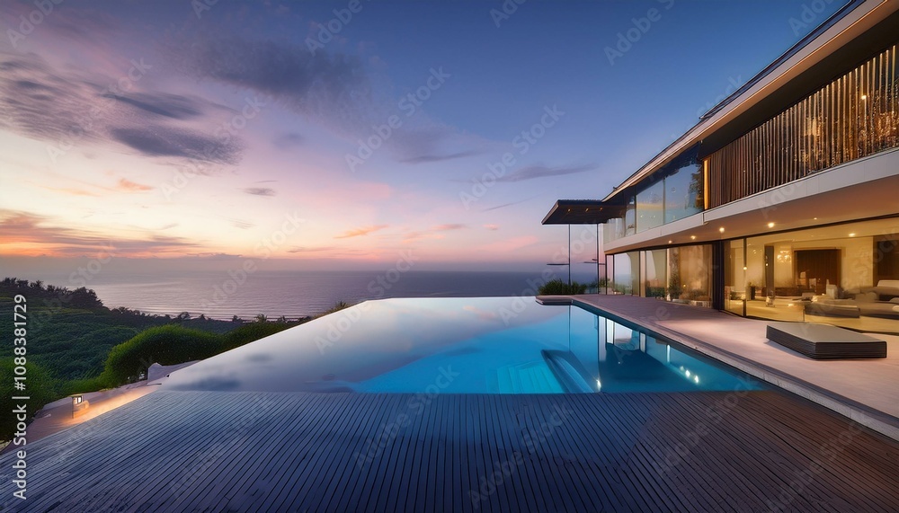 Fototapeta premium Breathtaking Dusk Views: Stunning Modern Mansion with Infinity Pool