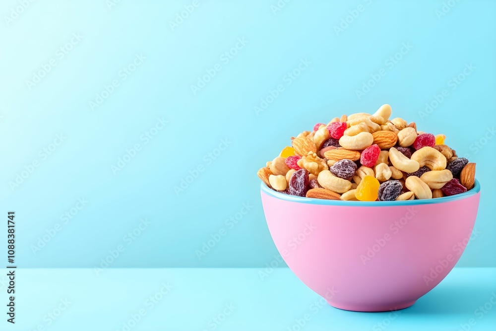 A vibrant bowl filled with a colorful mix of granola, nuts, and dried fruits against a soft blue background.