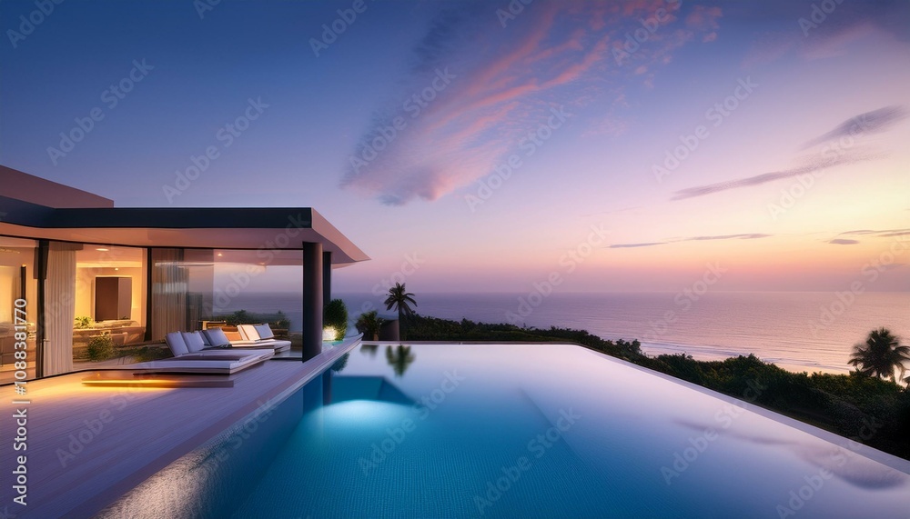 Oceanfront Elegance: A Luxurious Modern Mansion with Infinity Pool at Dusk Oceanfront Elegance: A Luxurious Modern Mansion with Infinity Pool at Dusk