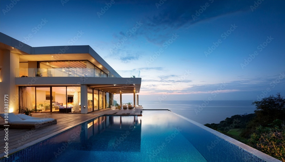 Fototapeta premium Serene Sunset Oasis: Luxurious Mansion Overlooking the Ocean