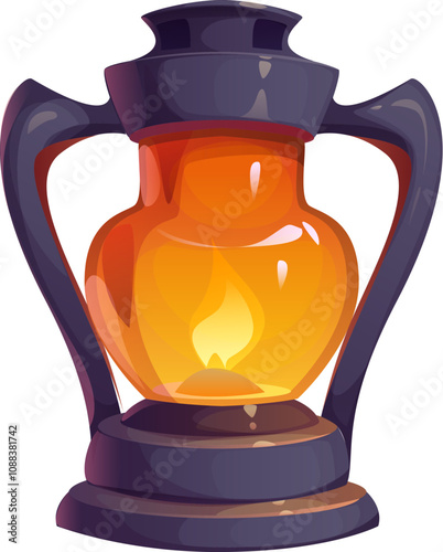 Cartoon Christmas candle or gas lantern. Isolated vector charming holiday decoration, rustic garden lamp made from metal with glass panes and fire warmly glows inside, casting a cozy, flickering light