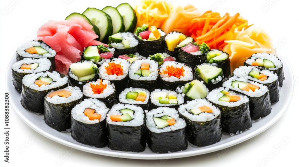 A colorful plate of rainbow vegetable sushi rolls with avocado, cucumber, carrot A colorful plate of rainbow vegetable sushi rolls with avocado, cucumber, carrot