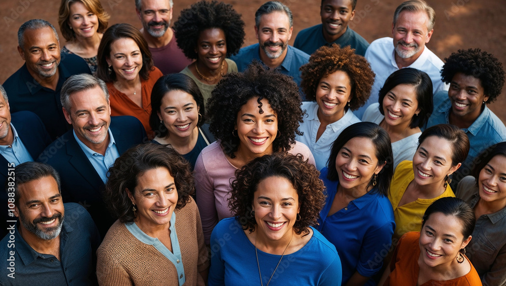 Diverse Group Portrait from a Top-down View, Featuring Men and Women of Various Ages and Ethnic Backgrounds, Highlighting Unity and Inclusivity Diverse Group Portrait from a Top-down View, Featuring Men and Women of Various Ages and Ethnic Backgrounds, Highlighting Unity and Inclusivity