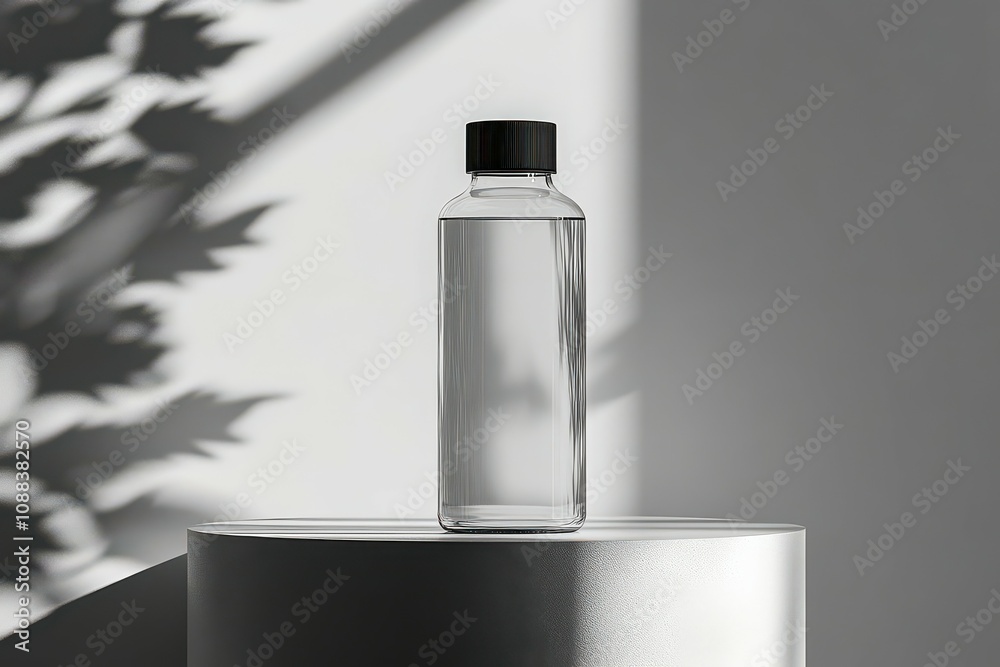 Glass bottle mockup with black cap on white platform with shadow Glass bottle mockup with black cap on white platform with shadow