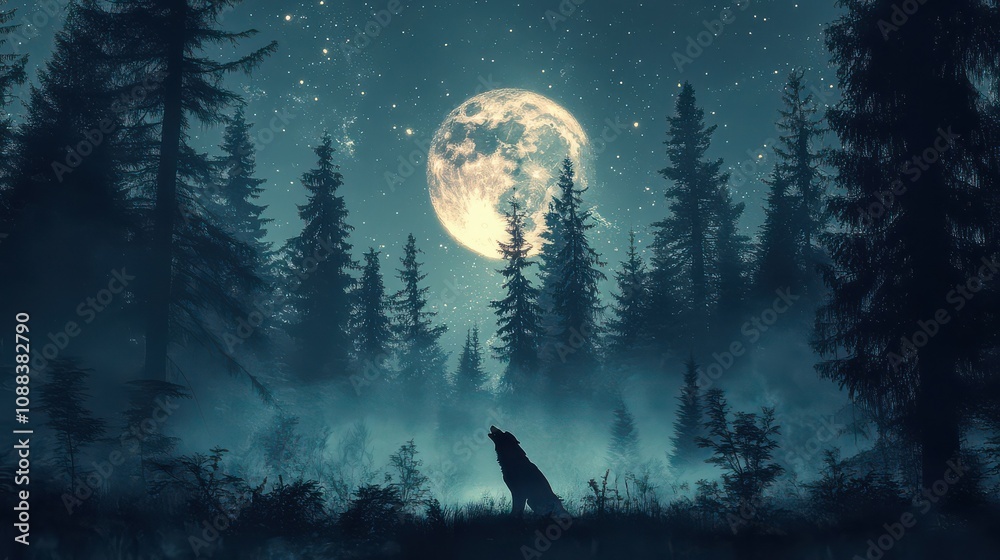Wolf Howling at the Moon in a Foggy Forest. Wolf Howling at the Moon in a Foggy Forest.