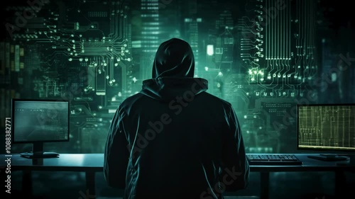 Back view of a Hacker using computer. Generative ai