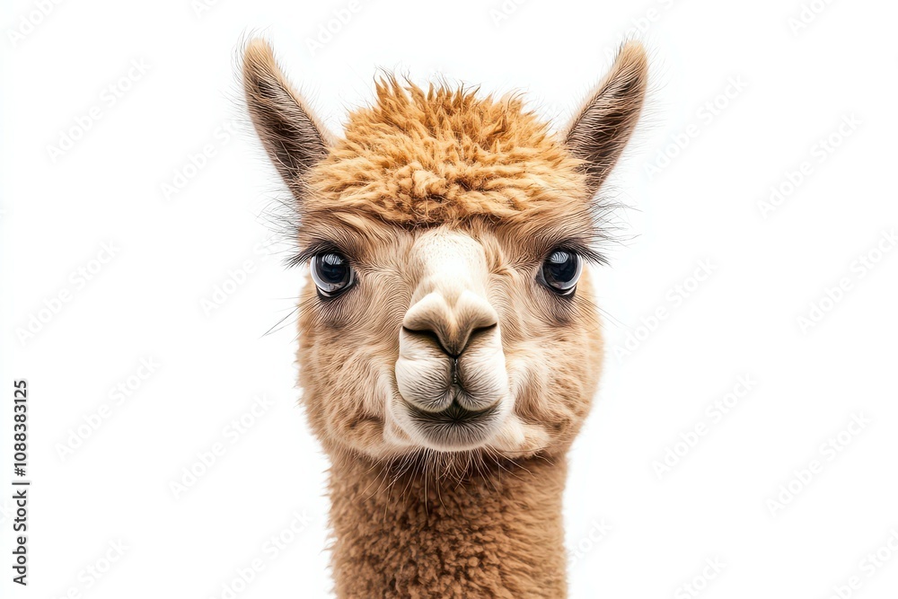 Obraz premium Close-up portrait of an alpaca's face against a white background.