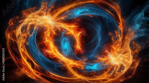 Energetic and fluid vortex of fire and water in vibrant orange and blue tones.