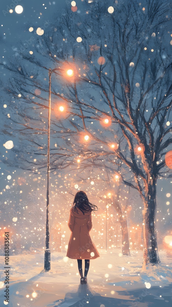 A woman in an orange coat walks through a snow-covered street illuminated by warm lights. A woman in an orange coat walks through a snow-covered street illuminated by warm lights.