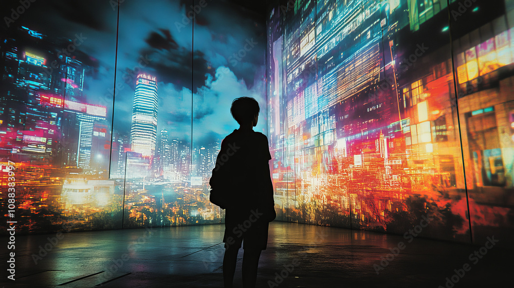Silhouette Child, Futuristic Cityscape, Holographic Projection, Digital Art, Background Silhouette Child, Futuristic Cityscape, Holographic Projection, Digital Art, Background