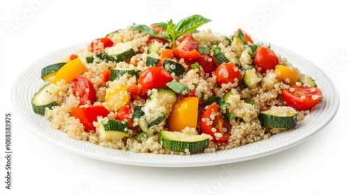 A colorful plate of roasted vegetable quinoa salad with bell peppers, zucchini, cherry tomatoes