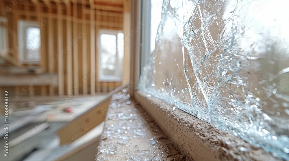 Shattered Windowpane in a New House Frame Shattered Windowpane in a New House Frame