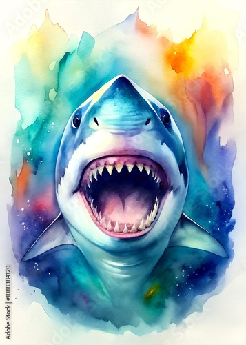 high quality, logo style, Watercolor, powerful colorful shark face