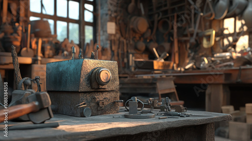 Quantum Magnetometer in Rustic Blacksmith Workshop: 3D Render