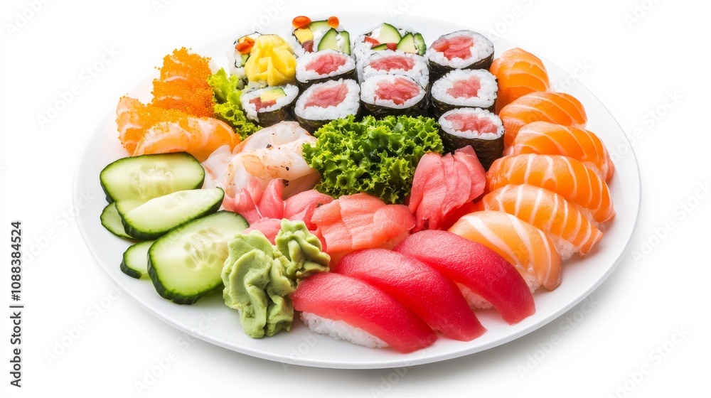 A colorful plate of sushi rolls with a variety of fish, avocado, cucumber A colorful plate of sushi rolls with a variety of fish, avocado, cucumber