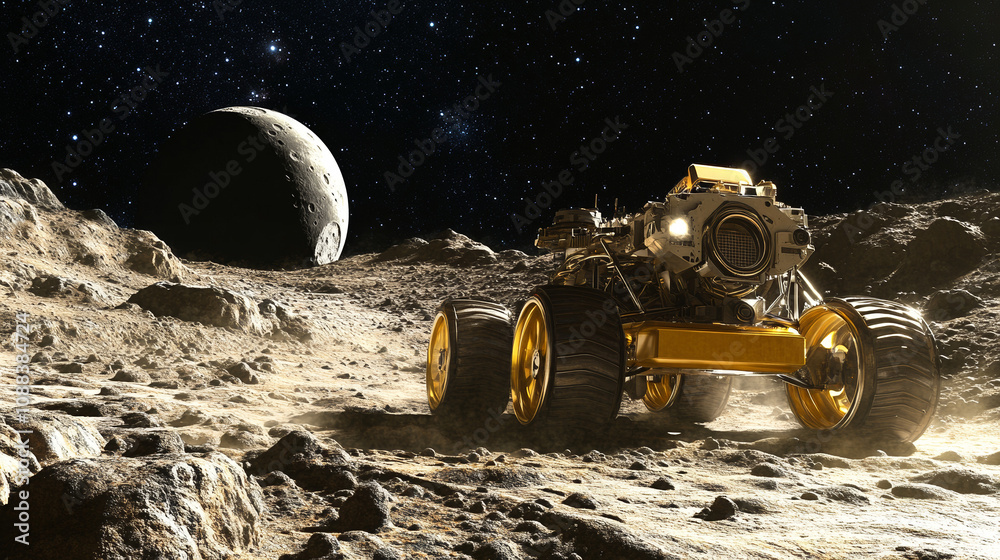 Lunar Rover: Autonomous Exploration, Robotic Vehicle, Moon Surface, Spacecraft, 3D Rendering Lunar Rover: Autonomous Exploration, Robotic Vehicle, Moon Surface, Spacecraft, 3D Rendering