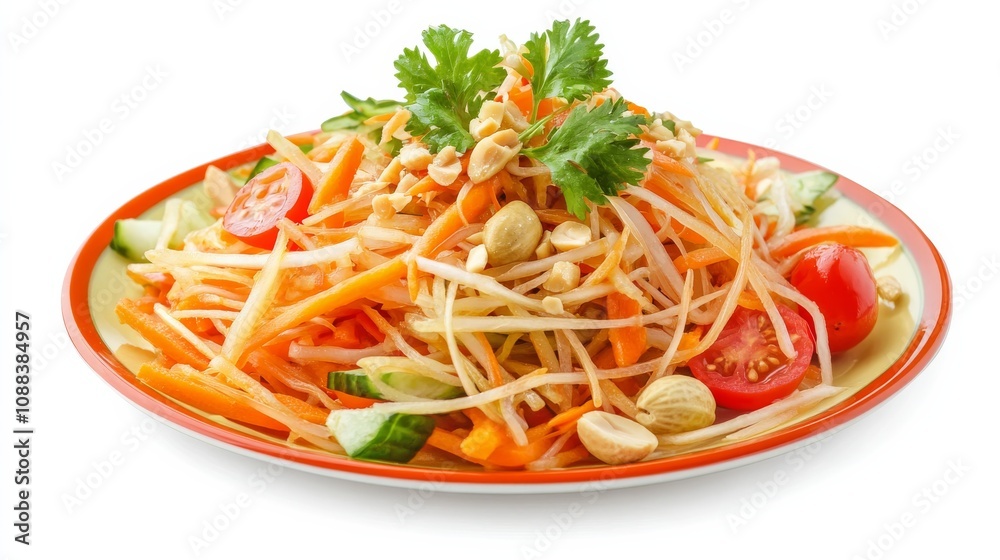 A colorful plate of Thai green papaya salad with shredded green papaya, carrots, tomatoes A colorful plate of Thai green papaya salad with shredded green papaya, carrots, tomatoes