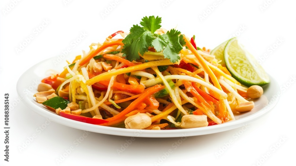 A colorful plate of Thai mango salad with shredded green papaya, carrots, peanuts A colorful plate of Thai mango salad with shredded green papaya, carrots, peanuts